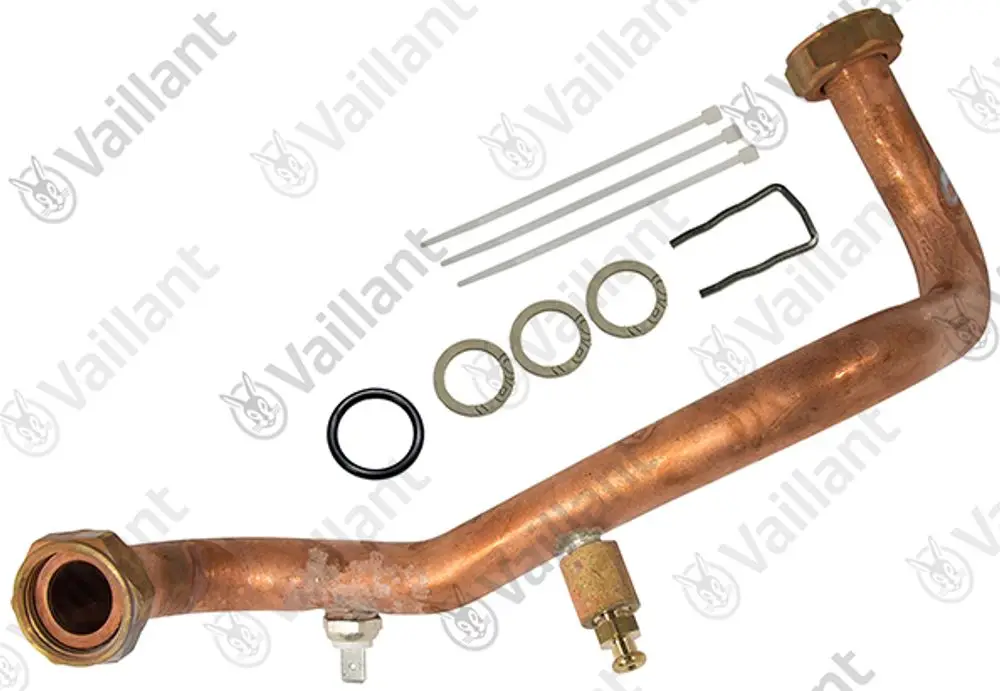 Kupferrohr von Vaillant mit mehreren Verbindungselementen, einschließlich Dichtungen und Befestigungsclips, für die Installation in Heizsystemen.